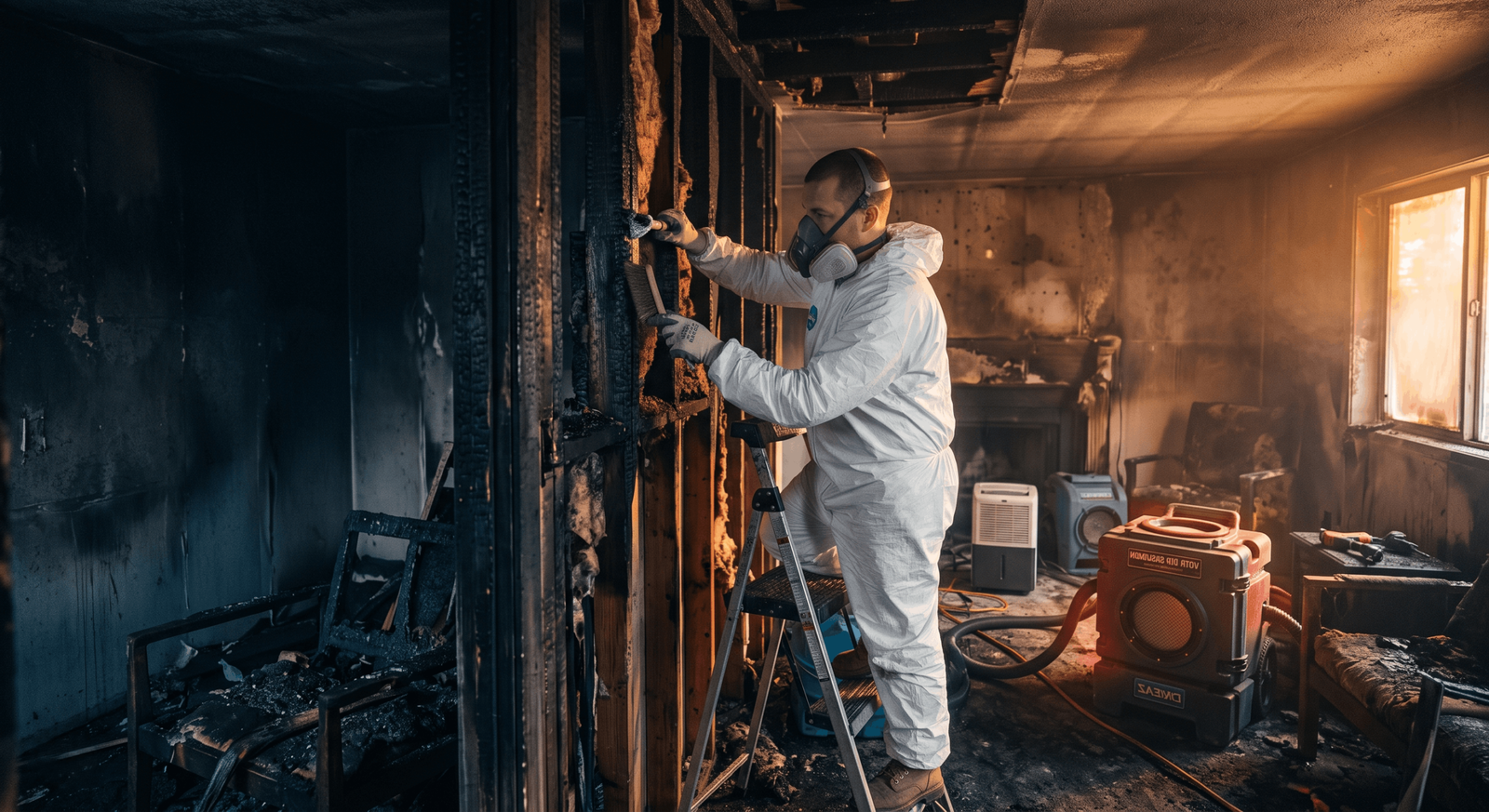 Technician cleaning wet soot residue after a Fort Worth kitchen fire