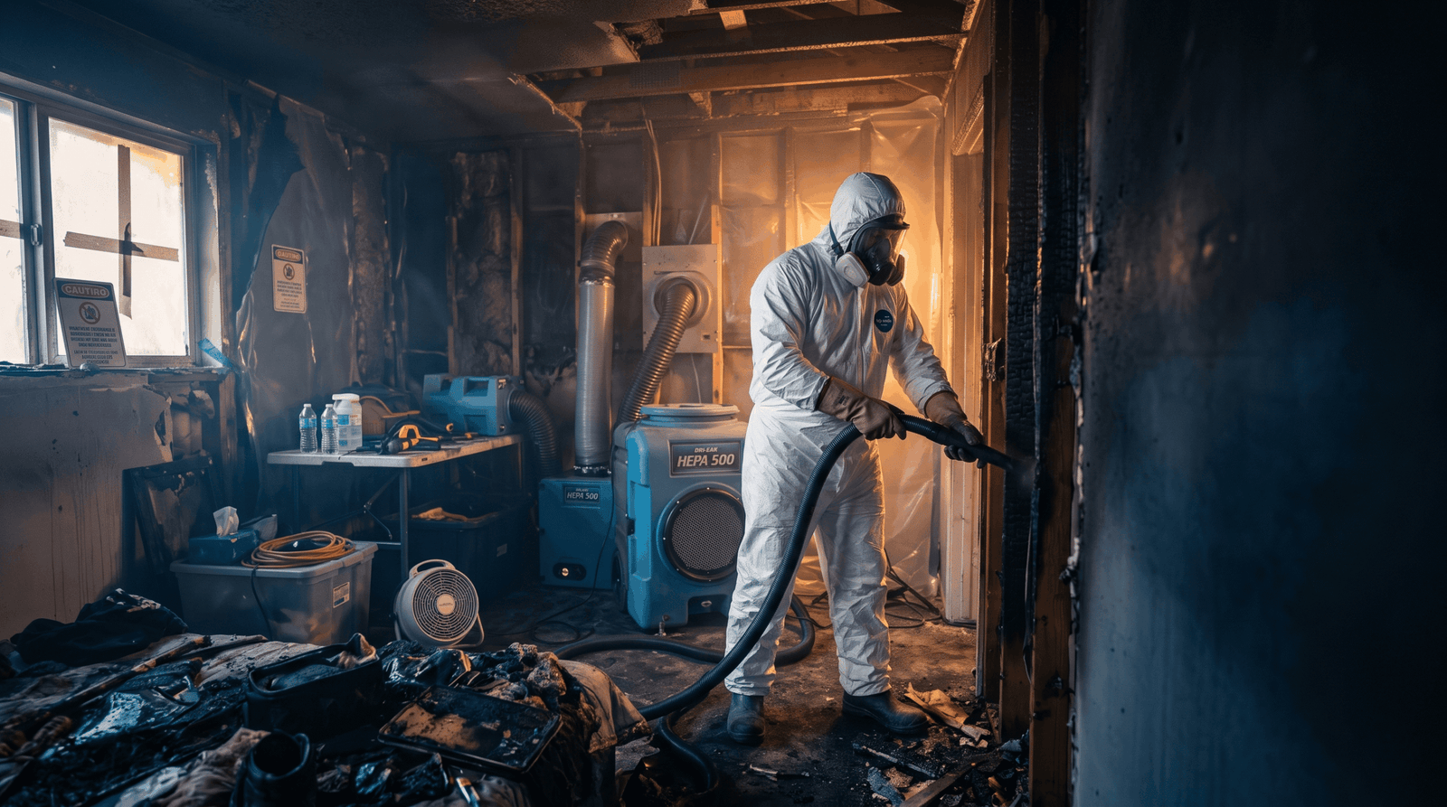 Fort Worth fire damage restoration crew performing emergency board-up after a house fire in Fort Worth TX